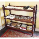 A LATE 19TH CENTURY THREE TIER MAHOGANY DUMB WAITER, with oblong shelves and bulbous finials,