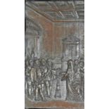 A 19TH CENTURY FRAMED RELIEF, depicting Queen Elizabeth with attendants in a palatial interior,