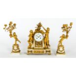 A FINE 19TH CENTURY FRENCH THREE PIECE ORMOLU AND WHITE MARBLE MANTLE CLOCK GARNITURE,