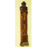 A VERY UNUSUAL PAIR OF CONTINENTAL CARVED MAHOGANY PILASTERS, each with a floral crest,
