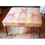 A LARGE SQUARE STOOL, the upholstered top covered in pink silk demask,