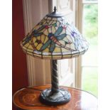 A PAIR OF ATTRACTIVE COLOURFUL BRONZED TIFFANY STYLE TABLE LAMPS, with coloured glass shades,