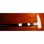 AN EBONIZED AND IVORY MOUNTED WALKING STICK, with silver plated collar.