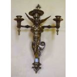 A FINE SET OF FOUR TWO BRANCH, THREE LIGHT CAST BRASS WALL SCONCES,