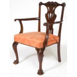 AN IRISH 19TH CENTURY CARVED MAHOGANY DINING ROOM ARMCHAIR,