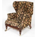 A WILLIAM IV PERIOD MAHOGANY WING BACK RECLINING ARM CHAIR OR READING CHAIR,