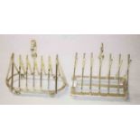 TWO SIMILAR SILVER PLATED TOAST RACKS, one modelled with a row of golf clubs,