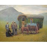 EARLY 20TH CENTURY PROBABLY IRISH SCHOOL, Gypsies Chatting by a Caravan in a Landscape, O.O.C.