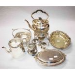 A SILVER PLATED TEA KETTLE ON WARMING STAND; a three piece hotel ware tea service;