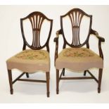 A SET OF EIGHT (6+2) GEORGE III STYLE MAHOGANY SHIELD BACK DINING CHAIRS,