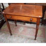 A VICTORIAN MAHOGANY SIDE TABLE, with frieze drawer on turned legs, 31" (78cm).