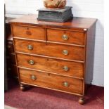 A VICTORIAN MAHOGANY CHEST, with three long and two short drawers, raised on bulbous legs, 42.