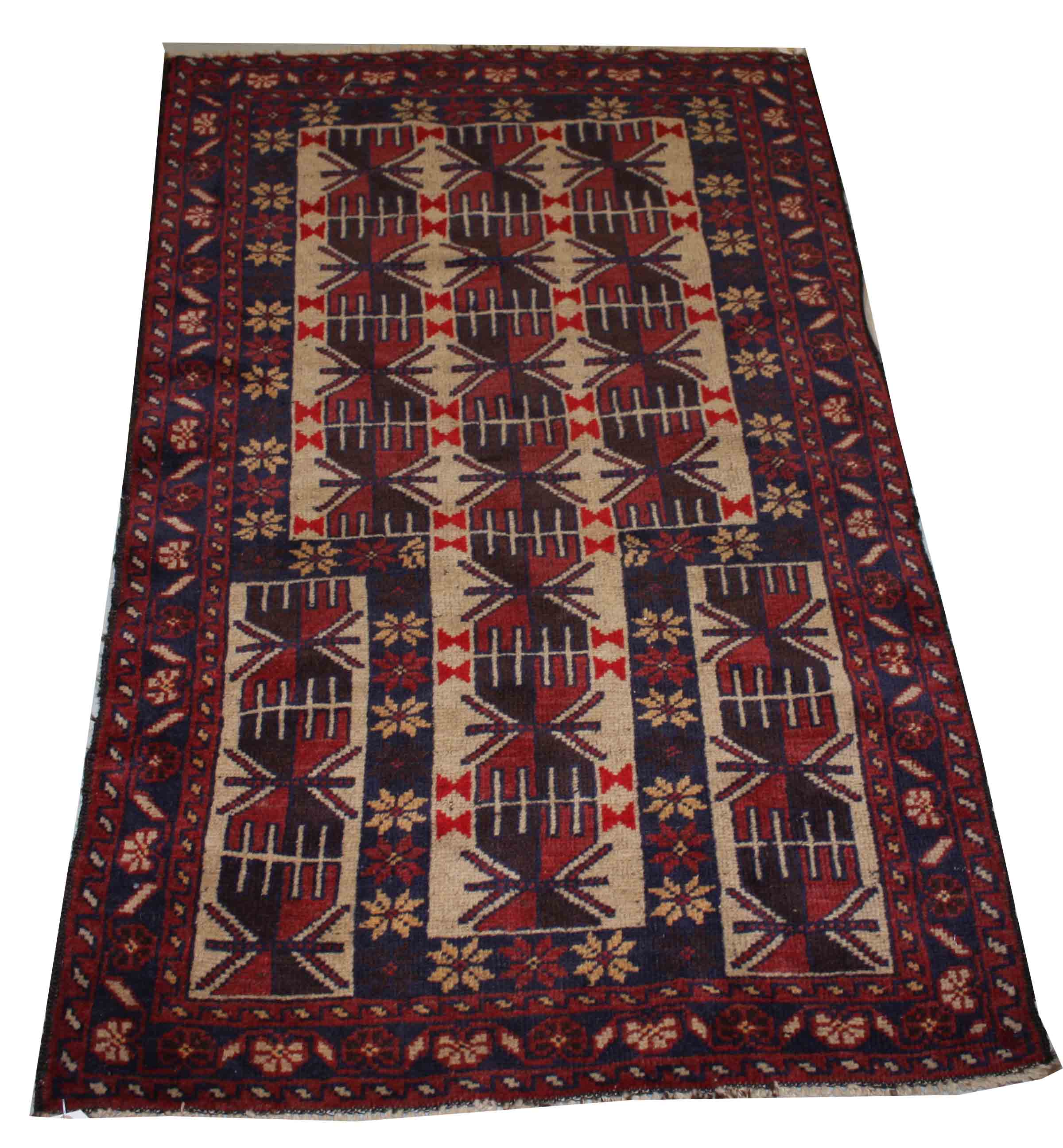 A SMALL AFGHAN BALOUCHI TRIBAL PRAYER RUG, 4ft6" (138cm)l x 2ft10" (86cm)w.