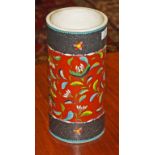 A JAPANESE PORCELAIN AND CLOISONNÉ INLAID CYLINDRICAL VASE, decorated with flowers,