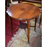 AN EDWARDIAN MAHOGANY AND MARQUETRY INLAID CENTRE TABLE, with circular serpentine shaped top,