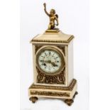 A WHITE FRENCH MARBLE MANTEL CLOCK, the domed top surmounted by a cherub,