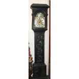 AN EIGHT-DAY CARVED OAK LONG CASE CLOCK, with rectangular domed pediment,