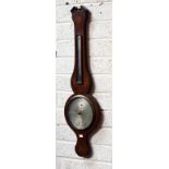 A LATE 19TH CENTURY INLAID MAHOGANY WHEEL BAROMETER, by Malacrida, with divided pediment,