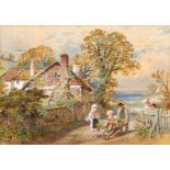 CIRCLE OF MYLES BIRKET FOSTER, Children Chatting in a Hamlet, watercolour, 8” (20cm) x 11” (28cm).