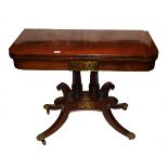 A FINE PAIR OF REGENCY PERIOD BRASS-INLAID ROSEWOOD FOLD OVER CARD TABLES,