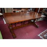 A LARGE FRENCH STYLE YEW WOOD FARM HOUSE REFECTORY TABLE, on turned supports,