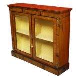 A VICTORIAN WALNUT AND MARQUETRY INLAID SIDE CABINET, with two glazed doors and brass mounts,