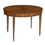 AN ATTRACTIVE OVAL INLAID MARQUETRY CENTRE TABLE, in the style of William Moore,