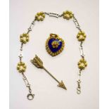 A 9K GOLD BLUE ENAMEL AND SEED PEARL HEART SHAPED PENDANT,