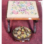 A WILLIAM IV MAHOGANY X-FRAMED FOOTSTOOL, with tapestry covered seat and leaf moulded legs,