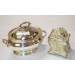 A HEAVY SILVER PLATED CHINOISERIE STYLE RELIEF CAST TEA CADDY, O.R.M., 5.