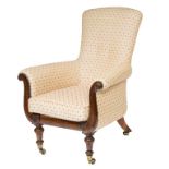 AN ATTRACTIVE WILLIAM IV PERIOD ROSEWOOD LIBRARY ARMCHAIR, with padded back and arm panels,