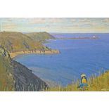 DESMOND STEPHENSON (1922-1964), Blue Sea Brittany, depicting woman and child in foreground, O.O.B.