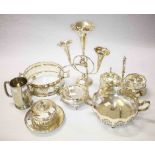 A GLASS BOWL WITH SILVER PLATED MOUNTS; a two compartment plated sugar and cream set;