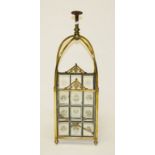 AN ATTRACTIVE EDWARDIAN SQUARE BRASS HALL LANTERN, the four sides with glazed panels,