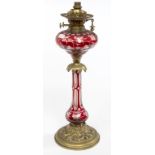 A VERY FINE 19TH CENTURY BOHEMIAN RUBY GLASS AND BRASS-MOUNTED TABLE LAMP,