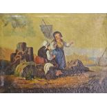 19th CENTURY ENGLISH SCHOOL, Fisherfolk on a Beach, oil on canvas, 10.75” (28cm) x 14” (36cm).