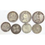 SILVER COINS.  UNITED KINGDO, CROWN 1887 AND 1889, HALF CROWN 1899 AND FOUR VICTORIAN FLORINS