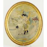 A REGENCY SILK EMBROIDERED PICTURE OF LOVERS ON A LANE WITH A FIGURE OF HORSEBACK BEYOND, WORKED