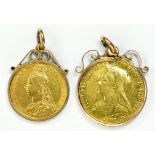 GOLD COINS. SOVEREIGN 1893 AND HALF SOVEREIGN 1891, BOTH IN GOLD PENDANT MOUNTS, 14.7G