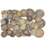 A QUANTITY OF MAINLY 19TH CENTURY UNITED KINGDOM SILVER COINS, INCLUDING CROWNS, HALFCROWNS AND