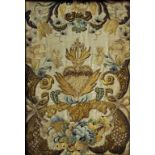 A SILK EMBROIDERED AND METAL THREAD PICTURE OF THE SACRED HEART FLANKED BY CORNUCOPIA DECORATED WITH