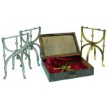 A PAIR OF EARLY 20TH CENTURY BRASS UNDERTAKER'S FOLDING COFFIN STANDS IN STAINED WOOD CASE AND