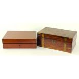 A VICTORIAN BRASS BOUND WALNUT WRITING BOX WITH FITTED INTERIOR, 34CM W AND A MAHOGANY BOX