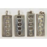 FOUR SILVER INGOT PENDANTS, 3OZS 10DWTS