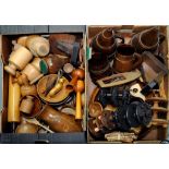 FOUR VARIOUS TURNED WOOD COTTON REEL STANDS, AN EDWARDIAN OAK TEA TRAY AND A COLLECTION OF EARLY/MID