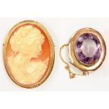 AN AMETHYST BROOCH IN GOLD AND A CAMEO BROOCH WITH 9CT GOLD MOUNT