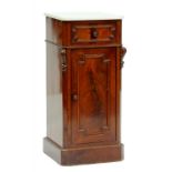 A 19TH CENTURY FRENCH MAHOGANY PILLAR SHAPED BEDSIDE CUPBOARD WITH MARBLE SLAB, 35CM W