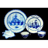 TWO PEARLWARE PLATES, PAINTED IN BLUE WITH CHINOISERIES, ONE INCLUDING A LONG ELIZA FIGURE WITH A