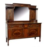 AN EARLY 20TH CENTURY INLAID MAHOGANY SIDEBOARD WITH BEVELLED MIRROR INSET BACK