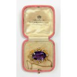 A BELLE EPOQUE AMETHYST, SPLIT PEARL, CULTURED PEARL AND GOLD BROOCH, MARKED 15CT, CASE SIGNED FOR